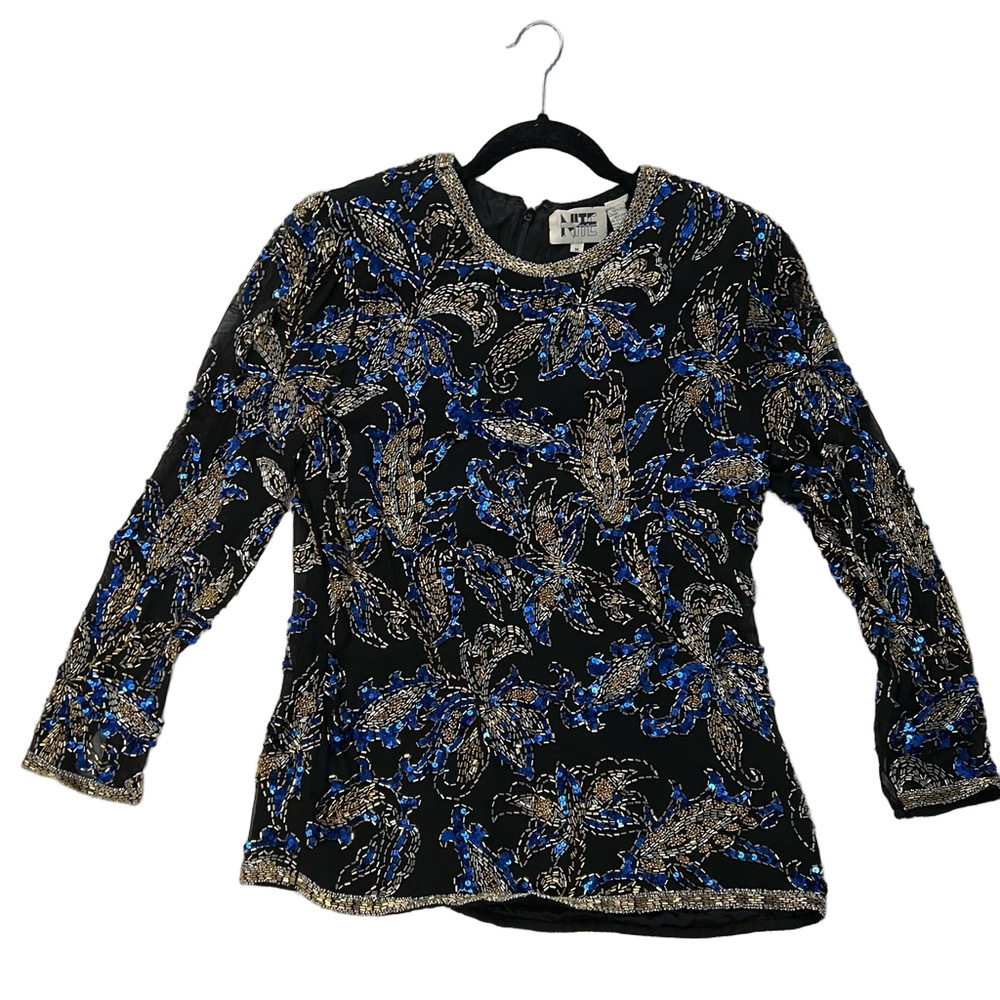 Vintage Silk Beaded Blouse by Nite Line | Size Medium